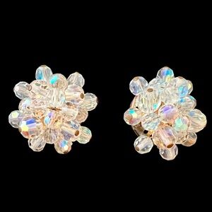 Aurora Borealis Crystal Beaded Wired Cluster Clip On Earrings 1.25” Diameter